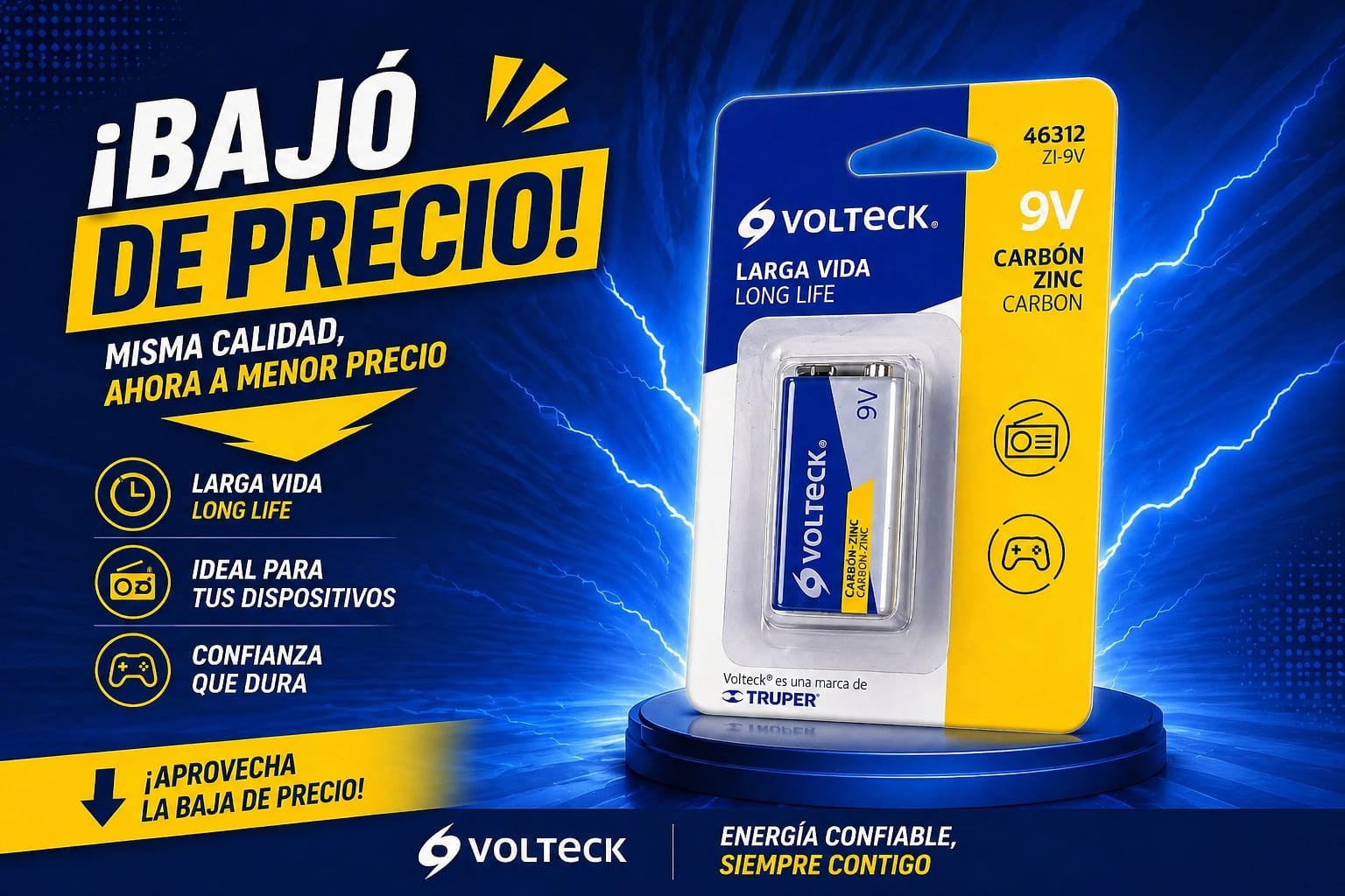 Pila Cuadrada de 9V Volteck Zinc-Carbon